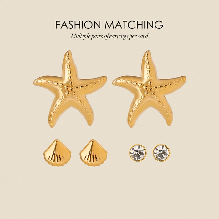 1 pair romantic series daily starfish stainless steel  gold plated rhinestone women earrings set h5Picture5