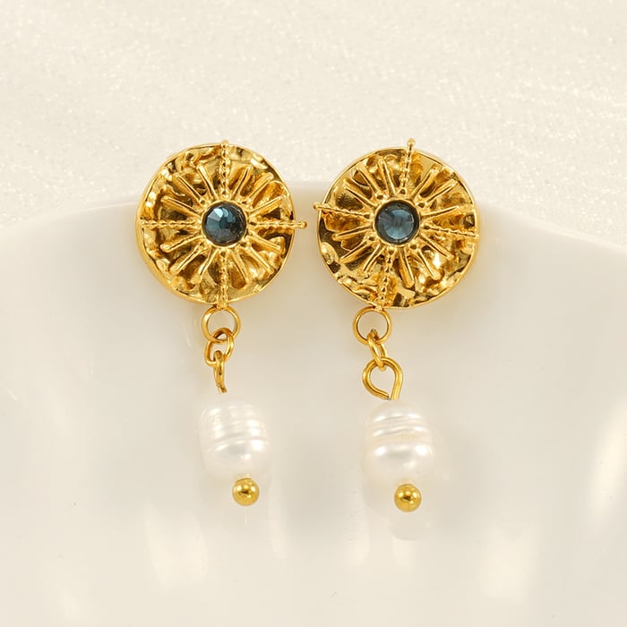 1 pair classic retro style astrological chart shape stainless steel  gold plated inlay pearl unisex drop earrings h5Picture4