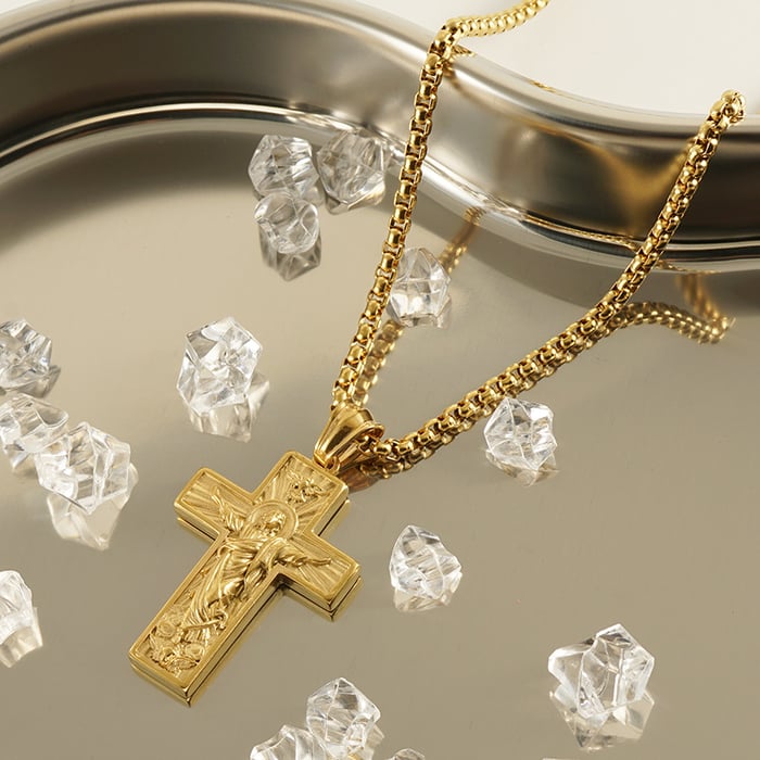 1 paar edelstahl-kreuz-halskette mit gott des friedens für herren und damen, retro-3d-geprägter priester-anhänger, unisex-herren-halskette h5Bild5