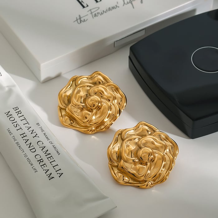 1 Pair Romantic Series Gorgeous Flowers Stainless Steel Gold Color Women's Stud Earrings h5Picture4