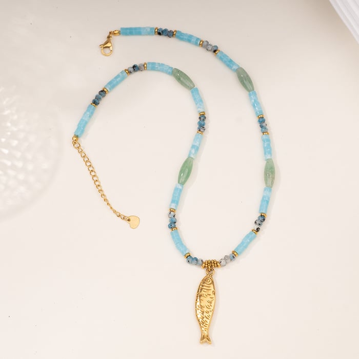 1 Piece Ocean Series Vacation Fish Irregular Crystal Gold Color Natural Stone Women's Beaded Necklaces h5Picture7