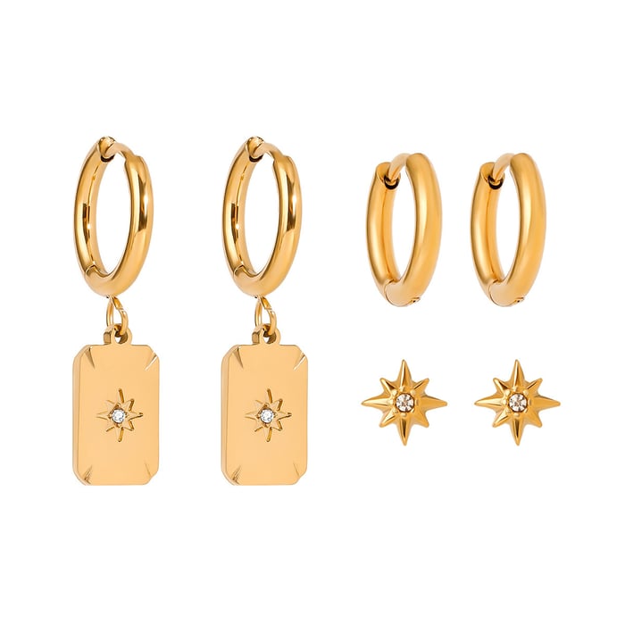 1 Paar Retro-Ohrringe-Set mit achtzackigem Stern aus der Simple Series aus Edelstahl mit 18 Karat vergoldetem Strass für Damen h5Bild5