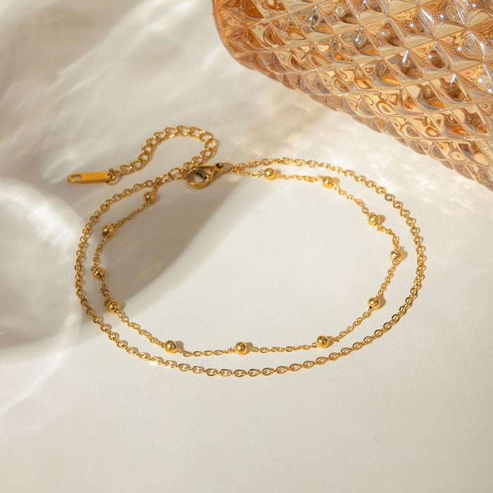 accessoires neue europäische und amerikanische nischenmode allgleiches 18 karat gold edelstahl doppelschicht runde perlenkette fußkettchen schmuck weiblich h5Bild4