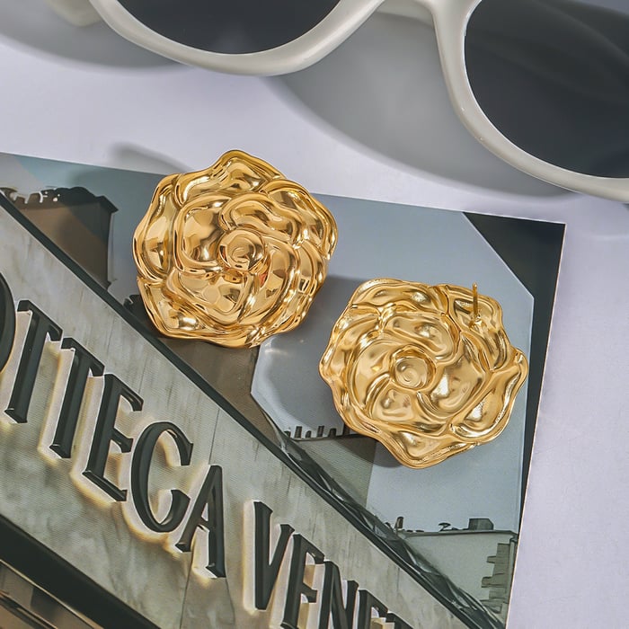 1 Pair Romantic Series Gorgeous Flowers Stainless Steel Gold Color Women's Stud Earrings h5Picture5