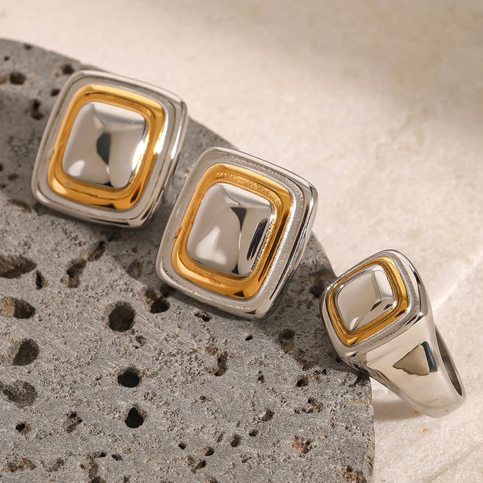 1 Stück einfache viereckige Edelstahl Gold Farbe Damen Einzelringe h5Bild7