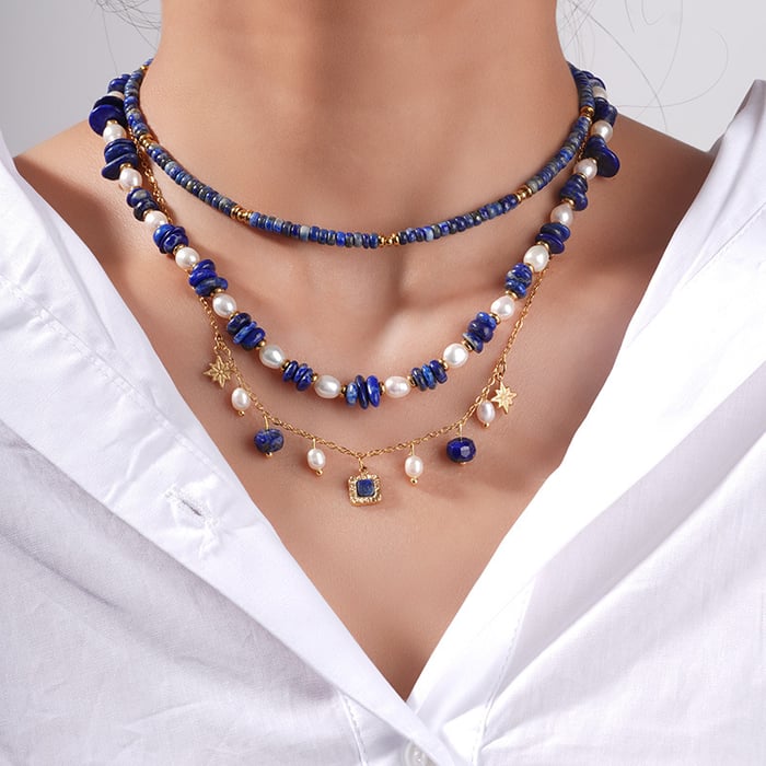 1 Piece Sophisticated Series Bohemian Stainless Steel Gold Color Blue Natural Stone BeadsWomen's Beaded Necklaces h5Picture7