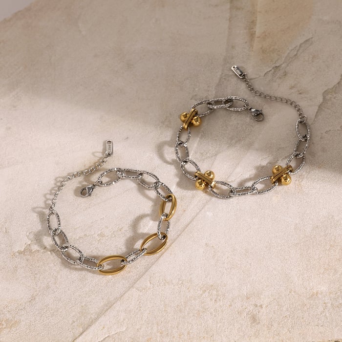 1 Paar exquisites Armband im Retro-Hongkong-Stil für Mädchen, 18 Karat Gold, Edelstahl, farblich abgestimmt auf Gold und Silber, dickes Kettenarmband im O-Stil mit Hammermuster, Damenkettenarmband h5Bild4