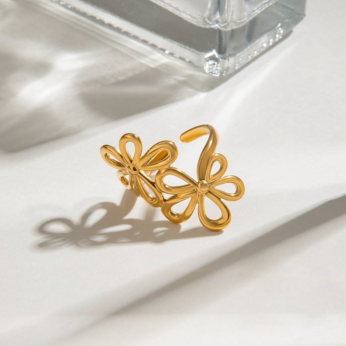 1 Piece Romantic Series Elegant Double Flowers Stainless Steel Gold Color Women's Adjustable Rings h5Picture6