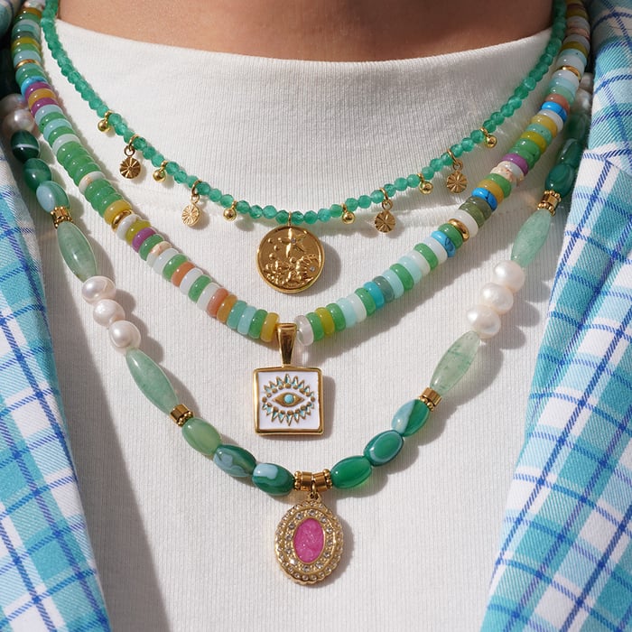 1 Piece Sophisticated Series Elegant Eye Stainless Steel Gold Color Green Crystal Women's Beaded Necklaces h5Picture5