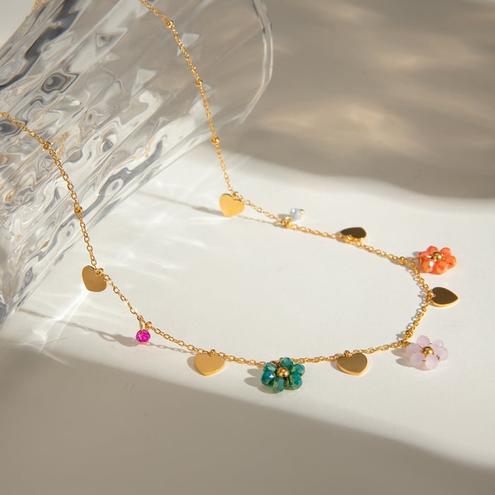 europäischer und amerikanischer grenzüberschreitender -stil 18 karat gold edelstahl farbige glasperlen blumenform plus liebesanhänger runde perlenkette schmuck h5Bild2