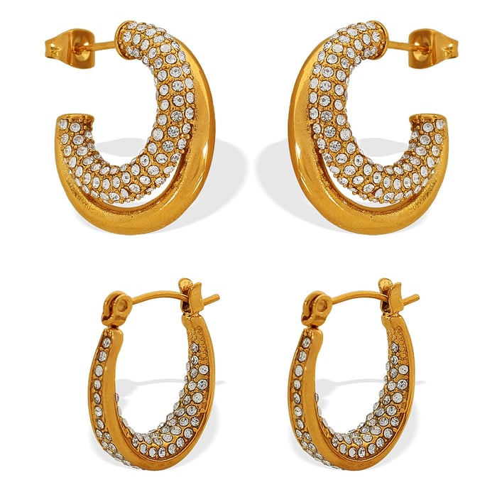 1 pair simple series classic geometric stainless steel  gold plated rhinestone women hoop earrings h5Picture5