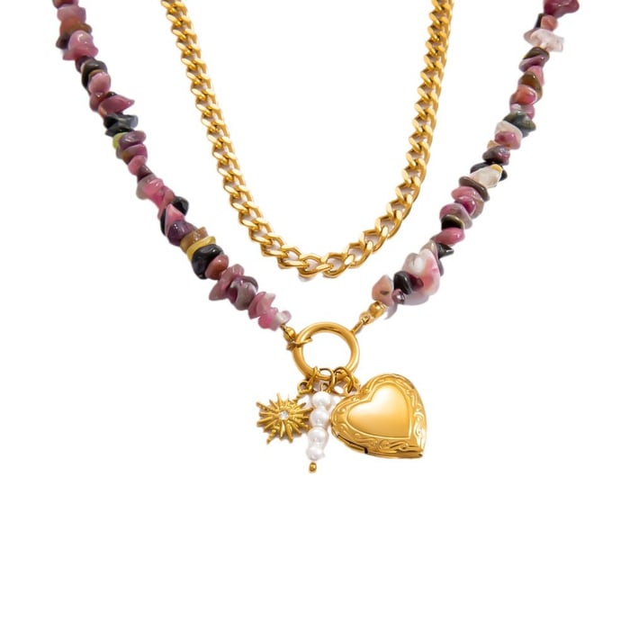 1 piece romantic series heart stainless steel  gold color plated natural stone women's pendant necklaces h5Picture6