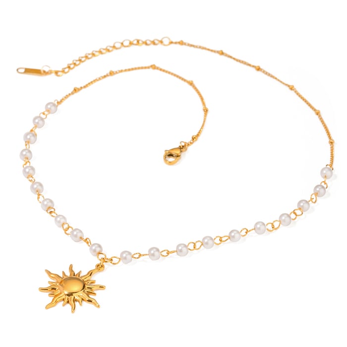 1 piece simple retro style sun/moon shape stainless steel  gold inlay artificial pearl women's pendant necklaces h5Picture5