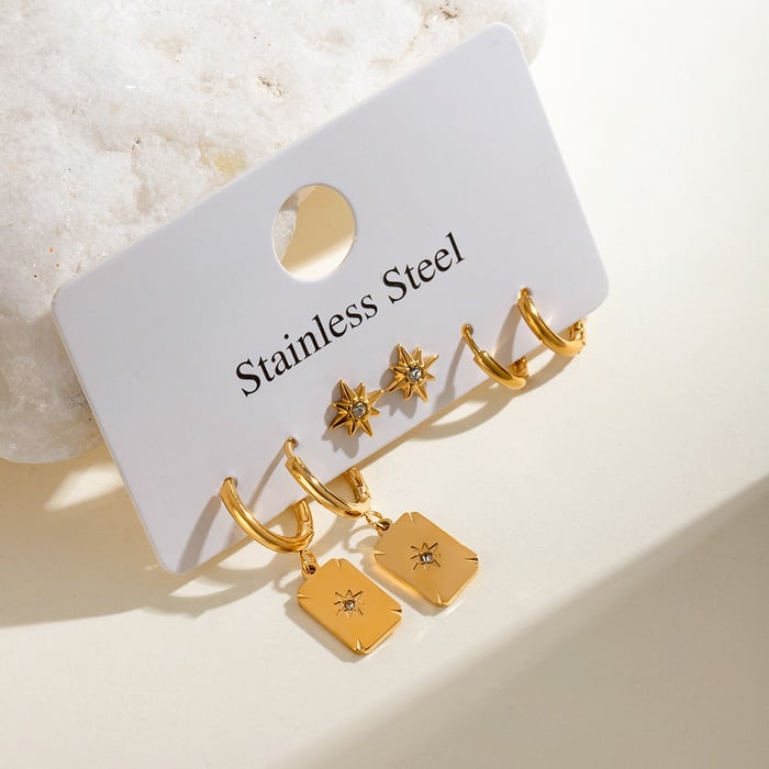 1 Paar Retro-Ohrringe-Set mit achtzackigem Stern aus der Simple Series aus Edelstahl mit 18 Karat vergoldetem Strass für Damen h5Bild2