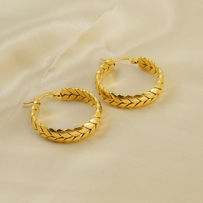 1 pair simple series simple plaid titanium steel  gold plated women hoop earrings h5Picture5