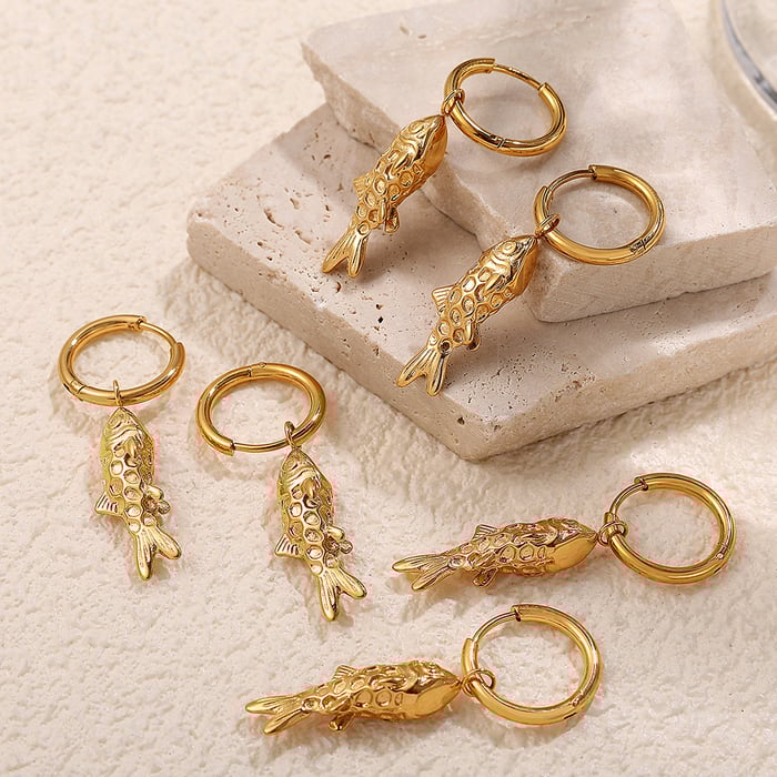 Retro Fish Stainless Steel Gold Color Drop Earrings h5Picture2