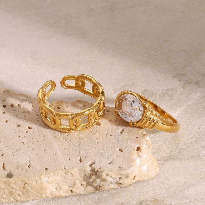 1 Stück Simple Series Klassische geometrische Edelstahl Goldfarben Strass Damen Einzelringe h5Bild5