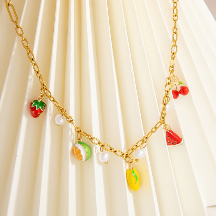 Collana da donna in acciaio inossidabile color oro con serie di frutta carina h5Immagine3