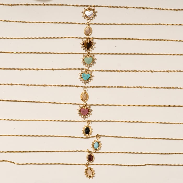 Strahlendes Herz Edelstahl Gold Farbe Naturstein Damen Anhänger Halsketten h5Bild4