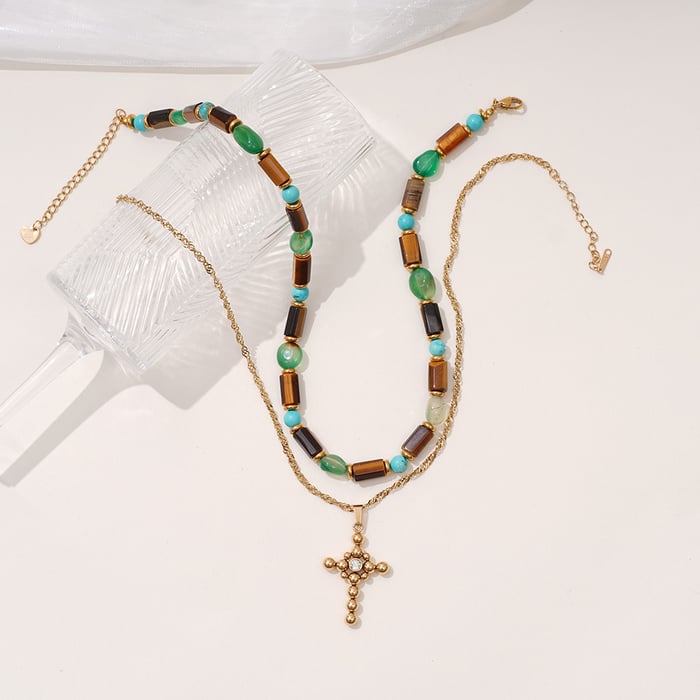 Klassische Kreuz Edelstahl Gold Farbe Naturstein frauen Perlen Halsketten h5Bild3