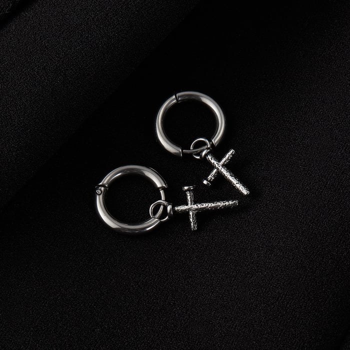 1 par de pendientes de botón de acero inoxidable con textura martillada cruzada moderna para hombre h5Imagen4