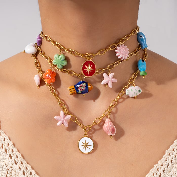 1 Piece Romantic Series Vacation Colorful Ceramic Fish Stainless Steel Gold Color Women's Pendant Necklaces h5Picture5