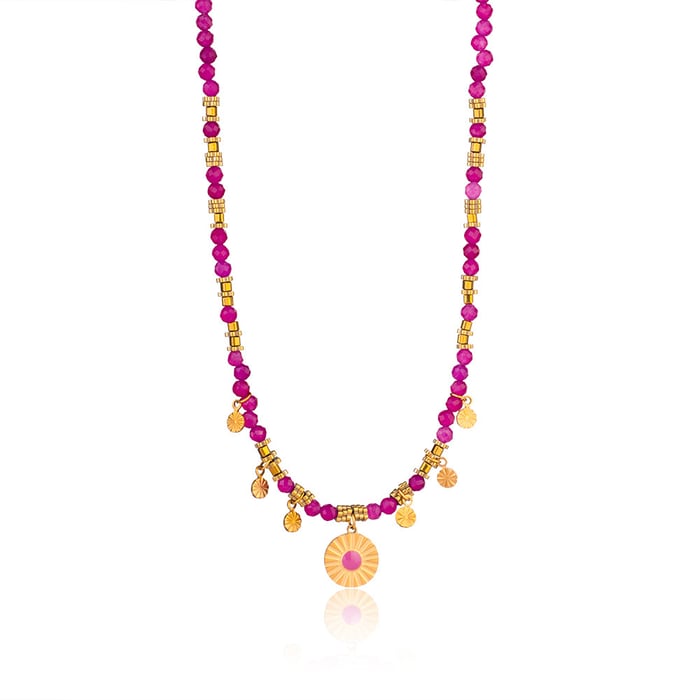 1 Piece Intricate Series Retro Circle Stainless Steel Gold Color Pink Natural Stone Women's Pendant Necklaces h5Picture6