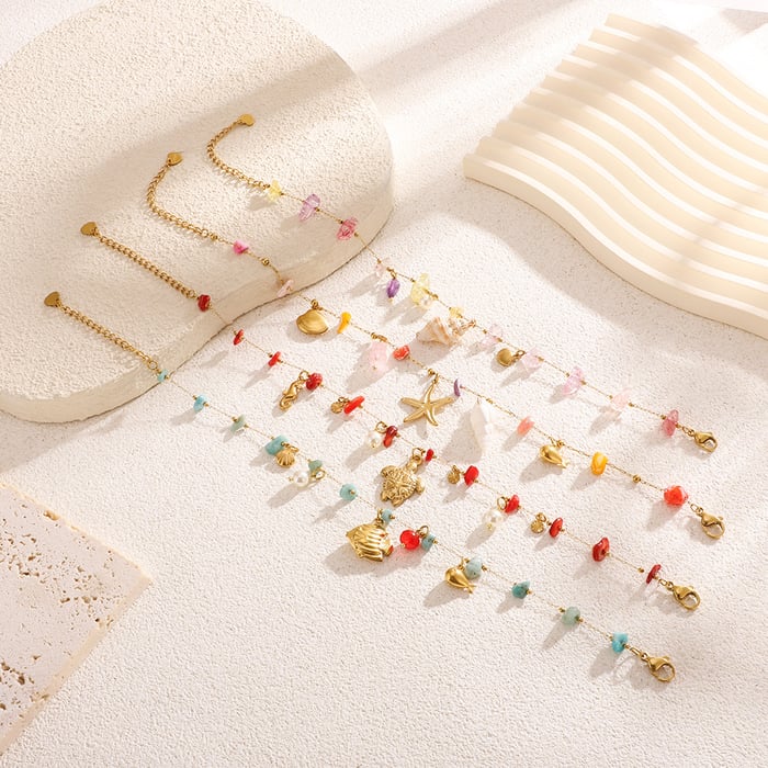Colorful Vacation Turtle Stainless Steel Gold Color Natural Stone Anklets h5Picture4