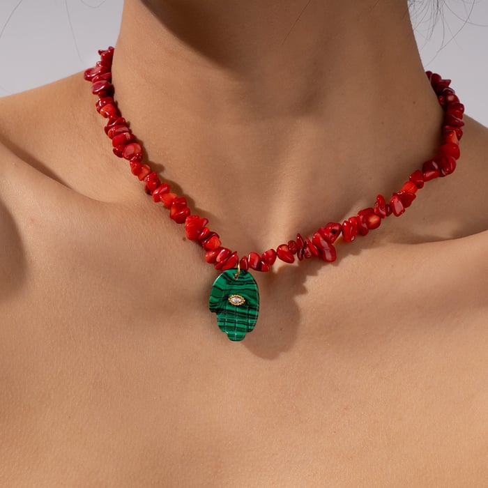 1 Piece Polychrome Series Bohemian Hand Shape Stainless Steel Gold Color Irregular Natural Stone Women's Beaded Necklaces h5Picture6