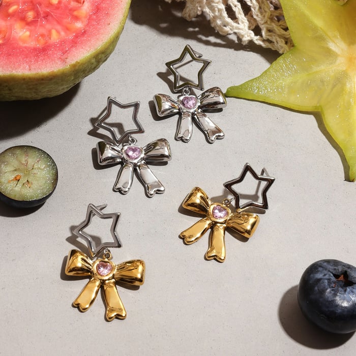 style bow stainless steel mixed color drop earrings h5Picture4