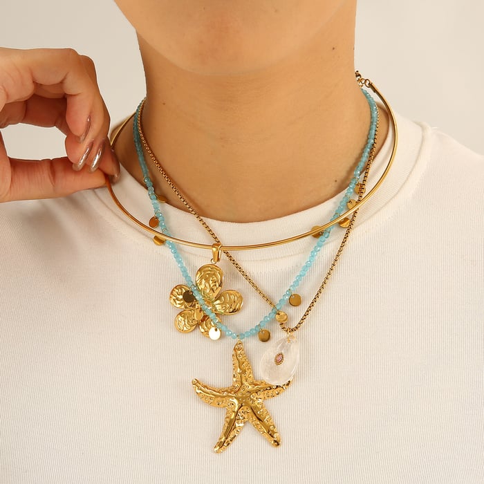 Oceanic Starfish Stainless Steel Gold Color Women's Pendant Necklaces h5Picture6