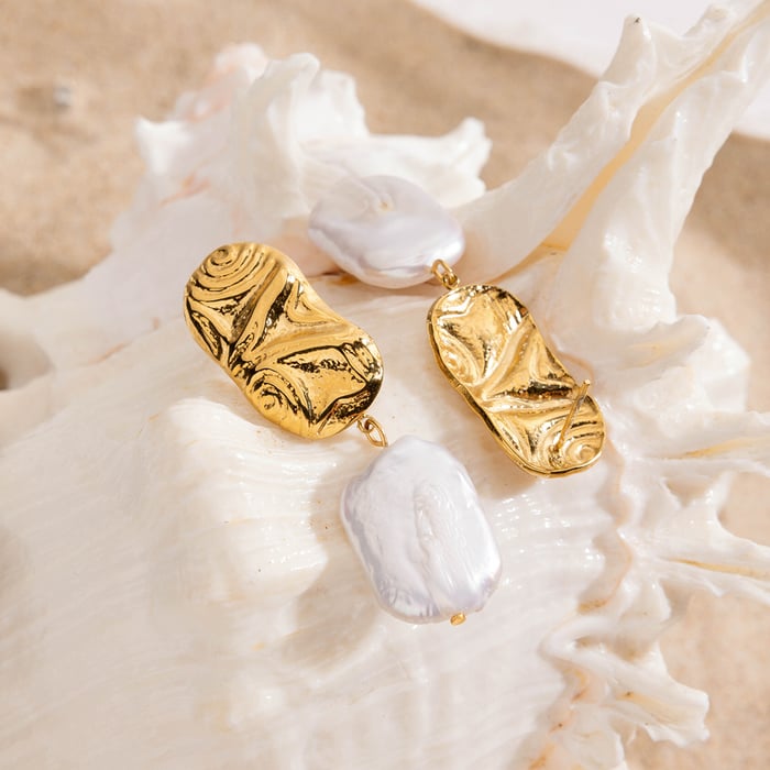 Retro Stainless Steel  Gold Color Pearl Drop Earrings h5Picture5