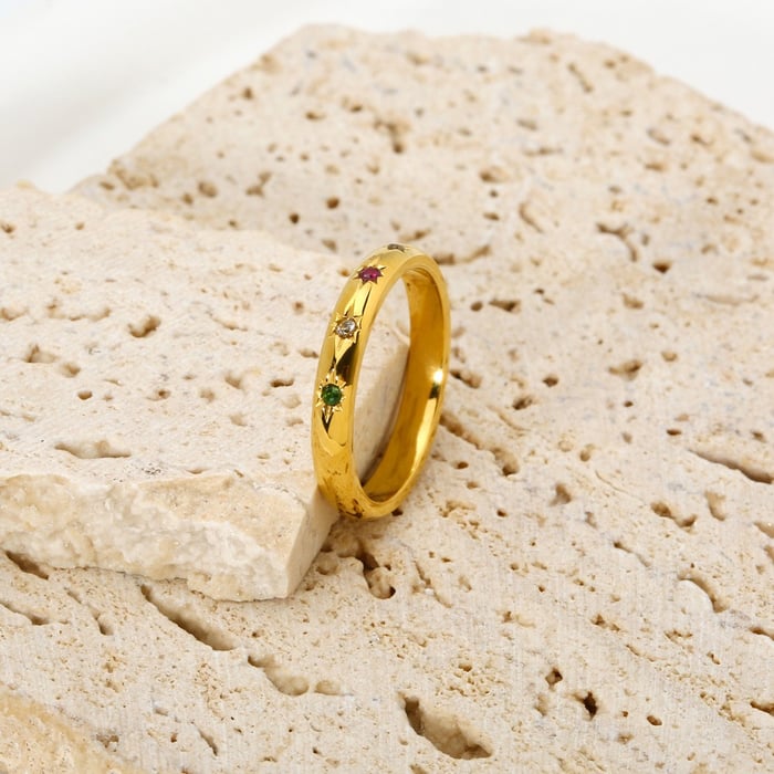 Classic Series Retro Star Stainless Steel  Gold Color  Zircon Gold Color  Rings h5Picture4