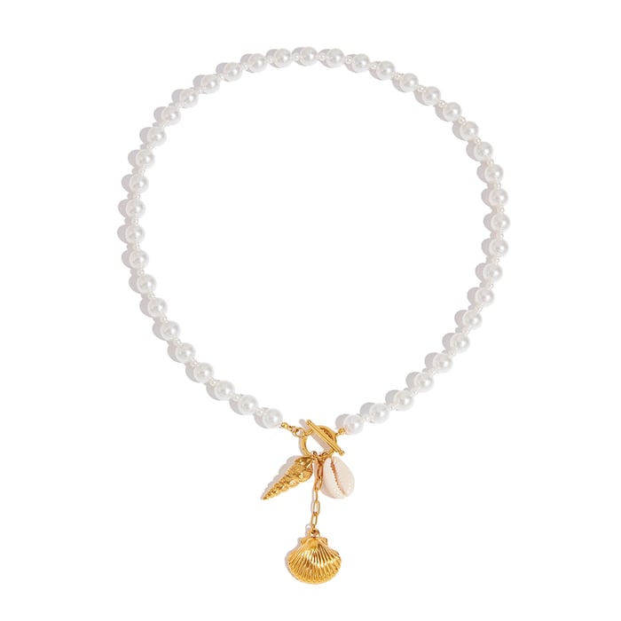 Oceanic Stainless Steel Gold Color Shell Beaded Necklaces