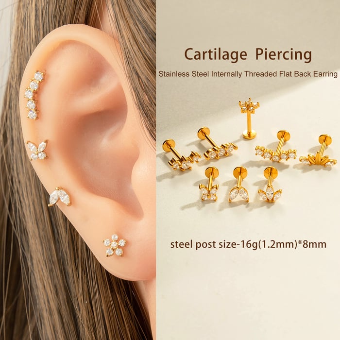1 Piece Flower Stainless Steel Gold Color  Zircon Piercings Earrings h5Picture6