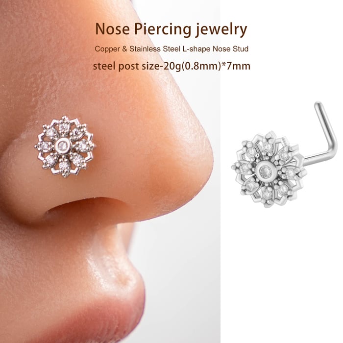 1 Piece Dazzling  Flower Copper Gold Color Zircon Women's Nose Stud h5Picture6