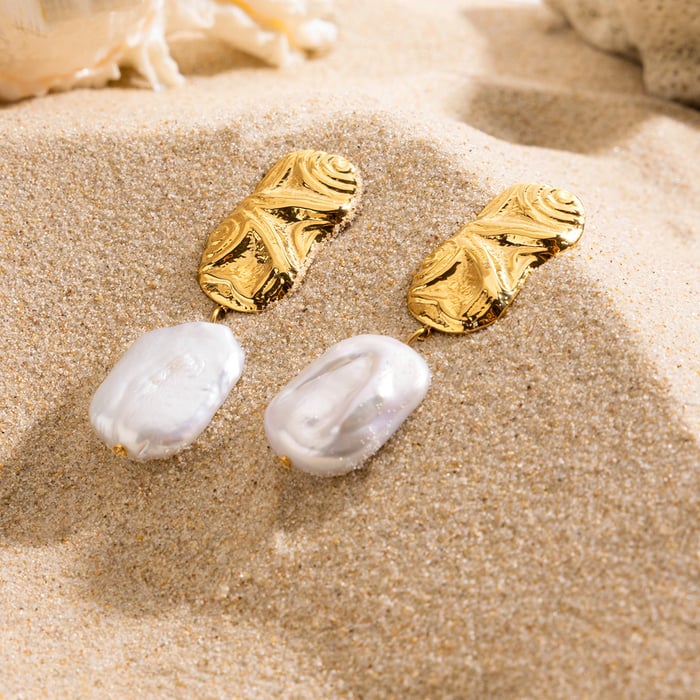 Retro Stainless Steel  Gold Color Pearl Drop Earrings h5Picture4