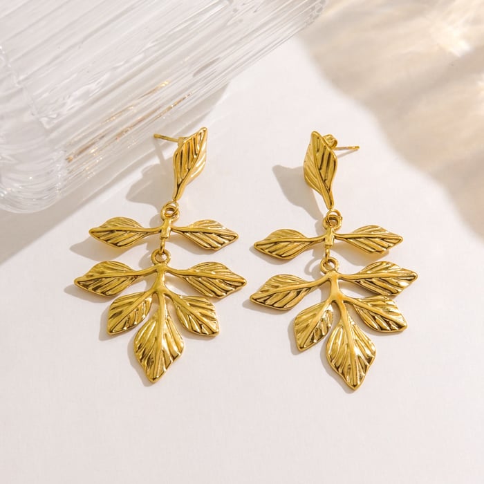 Stylish and Elegant Stainless Steel Leaf-shaped Women's Dangle Earrings h5Picture3