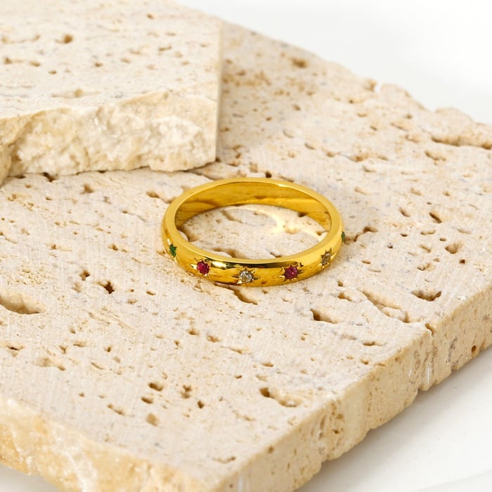 Classic Series Retro Star Stainless Steel  Gold Color  Zircon Gold Color  Rings h5Picture3