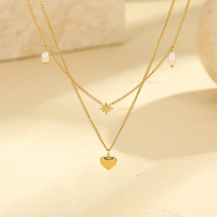 Simple Series Daily Heart Stainless Steel Gold Color Women's Layered Necklaces h5Picture2