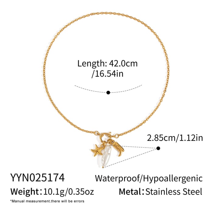 1 Piece Starfish Stainless Steel Gold Color Pearl Pendant Necklace