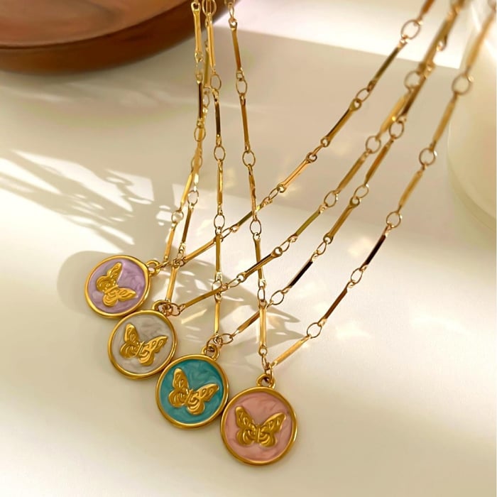 1 Piece Enamel Butterfly Stainless Steel Gold Color Pendant Necklace h5Picture4