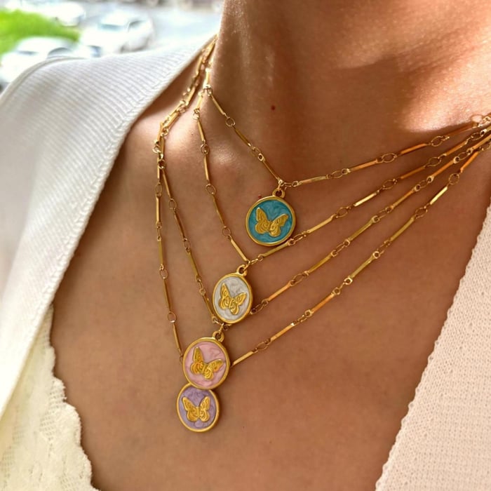 1 Piece Enamel Butterfly Stainless Steel Gold Color Pendant Necklace h5Picture2