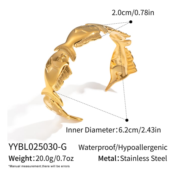 1 Piece Fish Stainless Steel Gold Color Cuff Bracelet