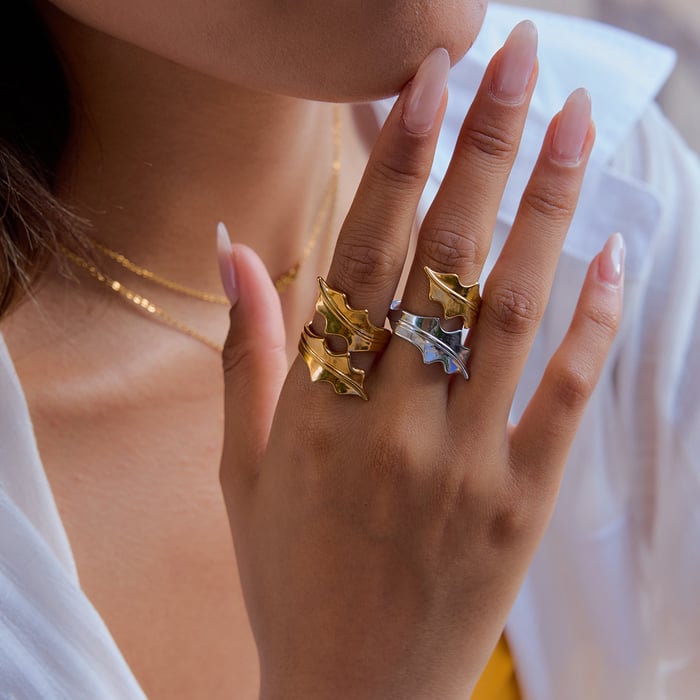 1 Piece Designable Series Natural Leaf Stainless Steel Gold Color Statement Rings h5Picture3