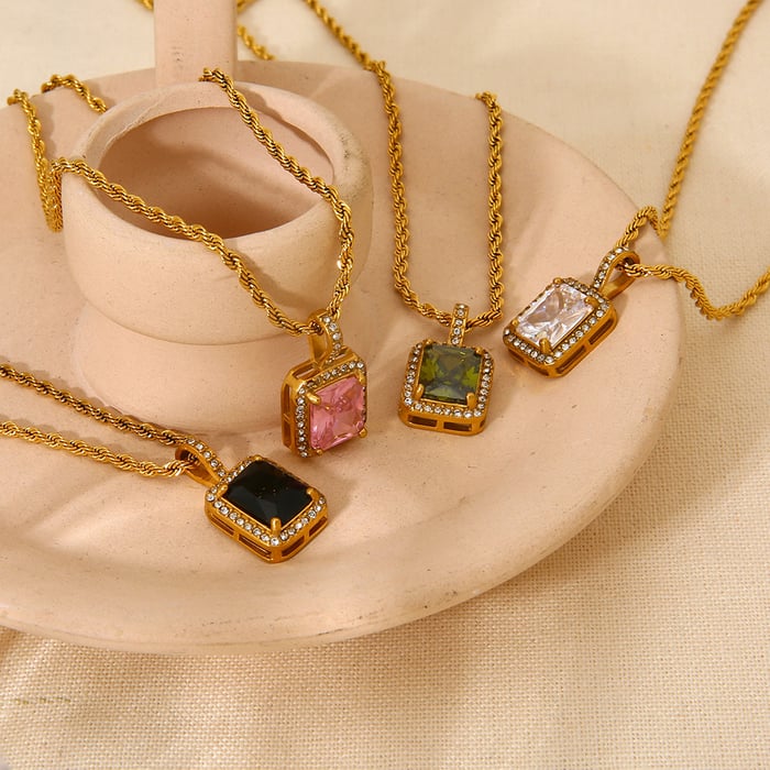 Luxurious Series Classic Geometric Stainless Steel   Gold Color  Zircon Necklaces h5Picture3