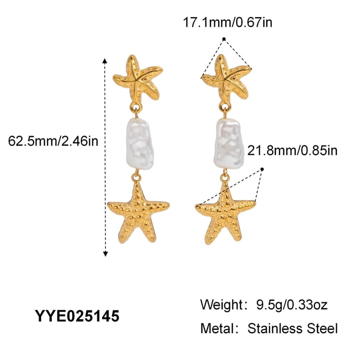 1 Pair Starfish Stainless Steel Gold Color Drop Earrings