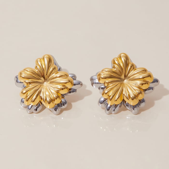1 Pair Classic Series Flower Stainless Steel Gold Color Women's Stud Earrings h5Picture4