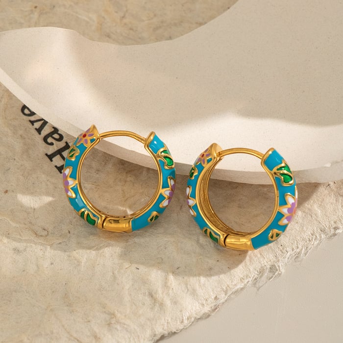 1 Pair Romantic Flower Stainless Steel Gold Color Hoop Earrings h5Picture3