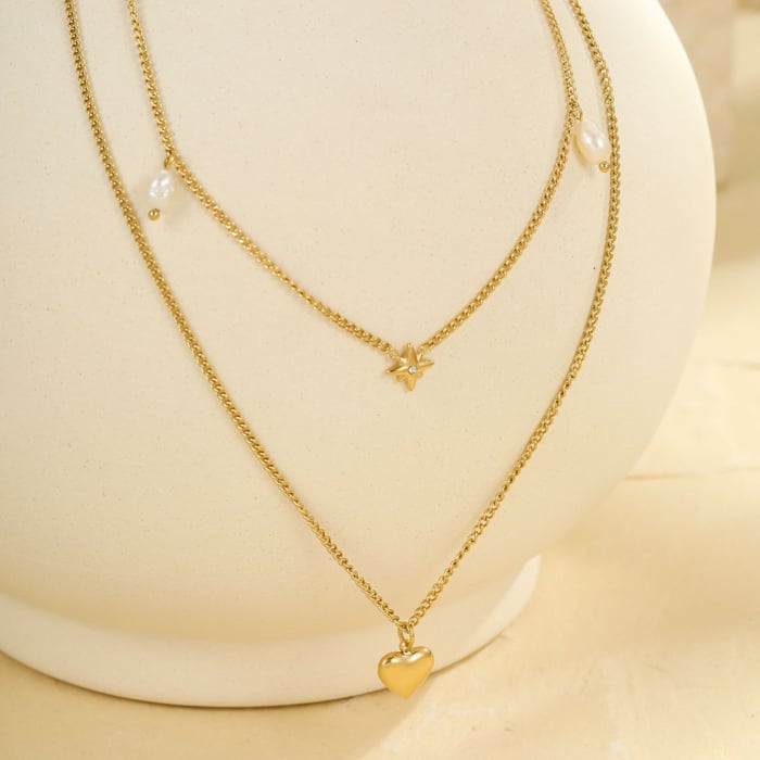 Simple Series Daily Heart Stainless Steel Gold Color Women's Layered Necklaces h5Picture4